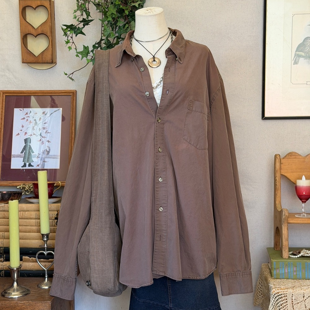 Brown Cotton Button Up Long Sleeve Shirt Oversized Granola Indie Grunge XL Faded